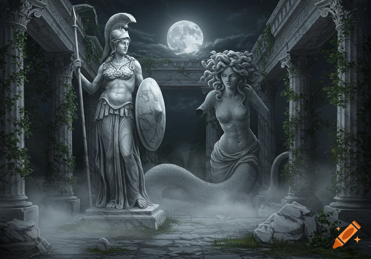 Statues of Athena and Medusa stand in misty ancient ruins under a full moon, with ivy growing on columns.