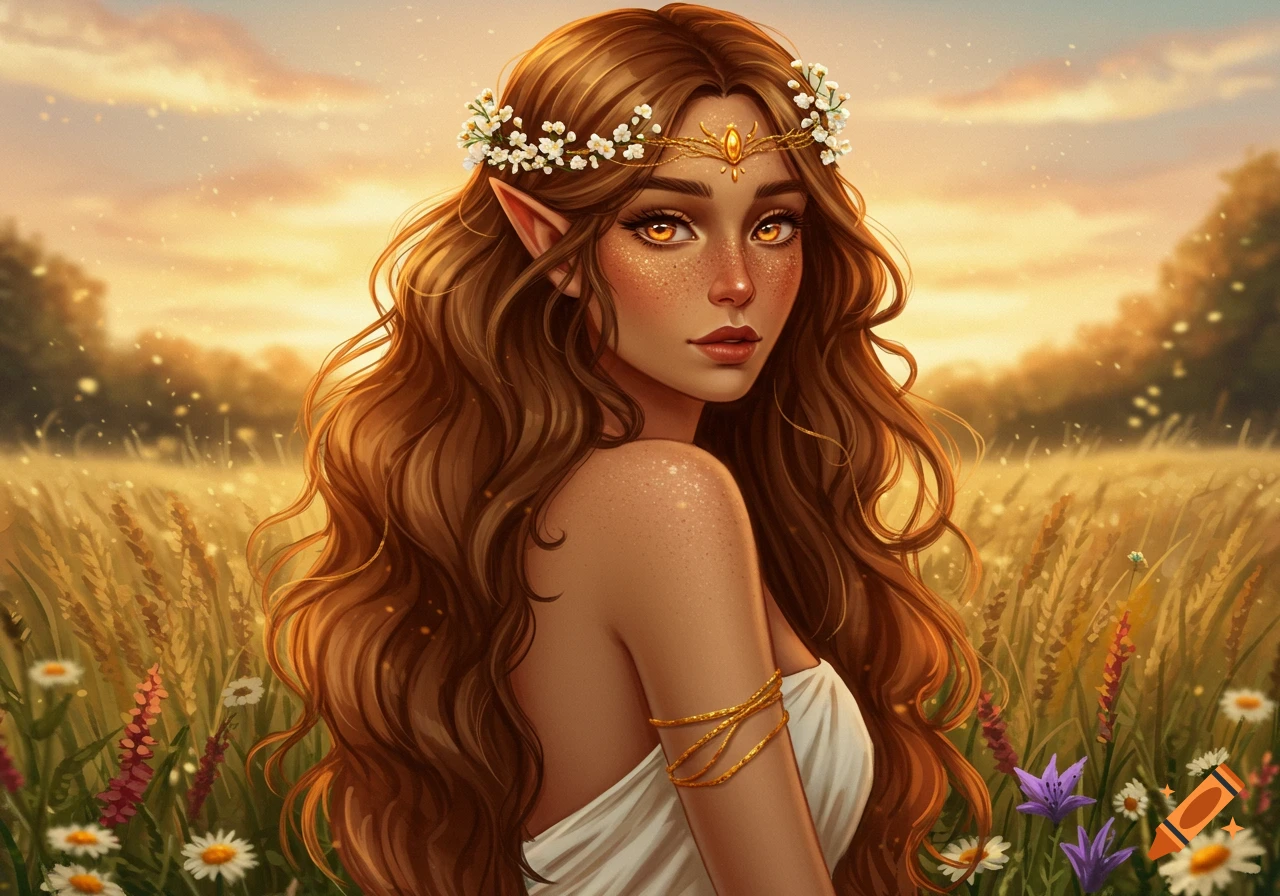 Digital painting of an elf woman with long brown wavy hair, glowing amber eyes, and freckles, wearing a flower crown in a golden field at sunset.