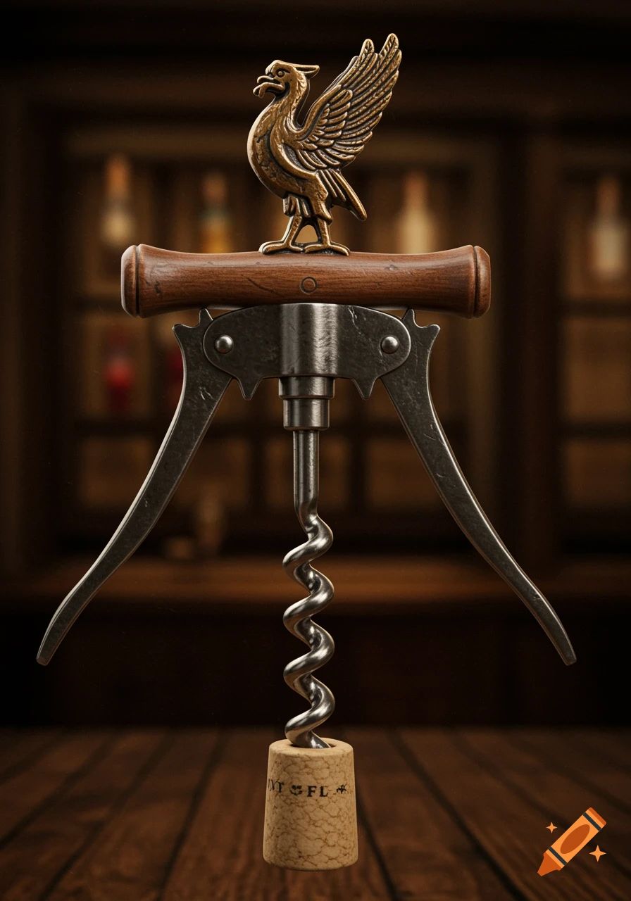 A detailed bronze Liver Bird statue atop a classic wooden and metal wine corkscrew, standing on a wooden surface.