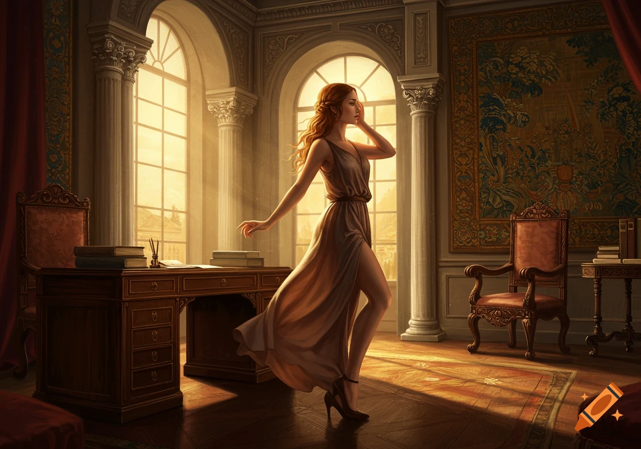 Elegant woman in a flowing dress in a classical office with large windows, painted in Renaissance style.