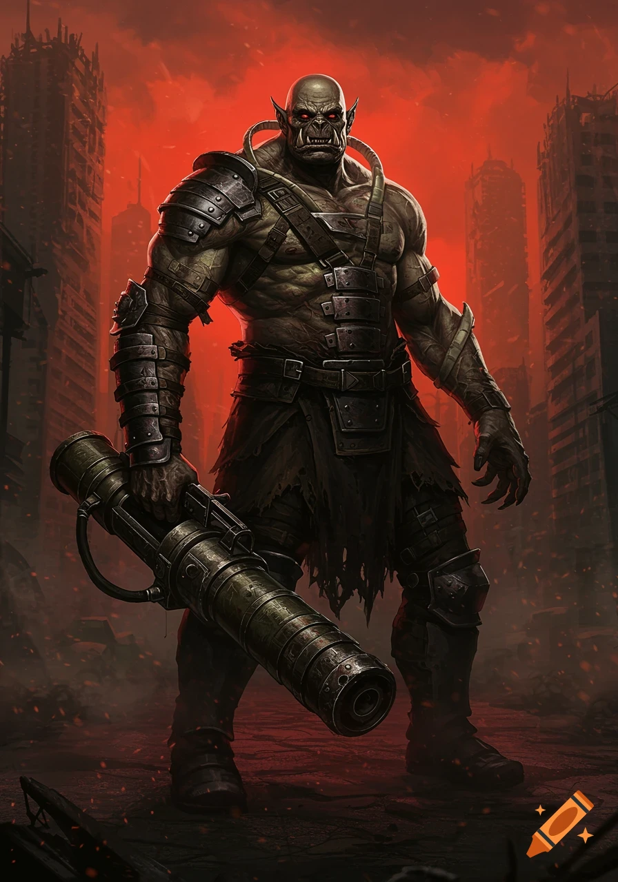 A fierce half-orc monster in armor with red eyes stands in a ruined city, holding a large weapon, digitally painted.