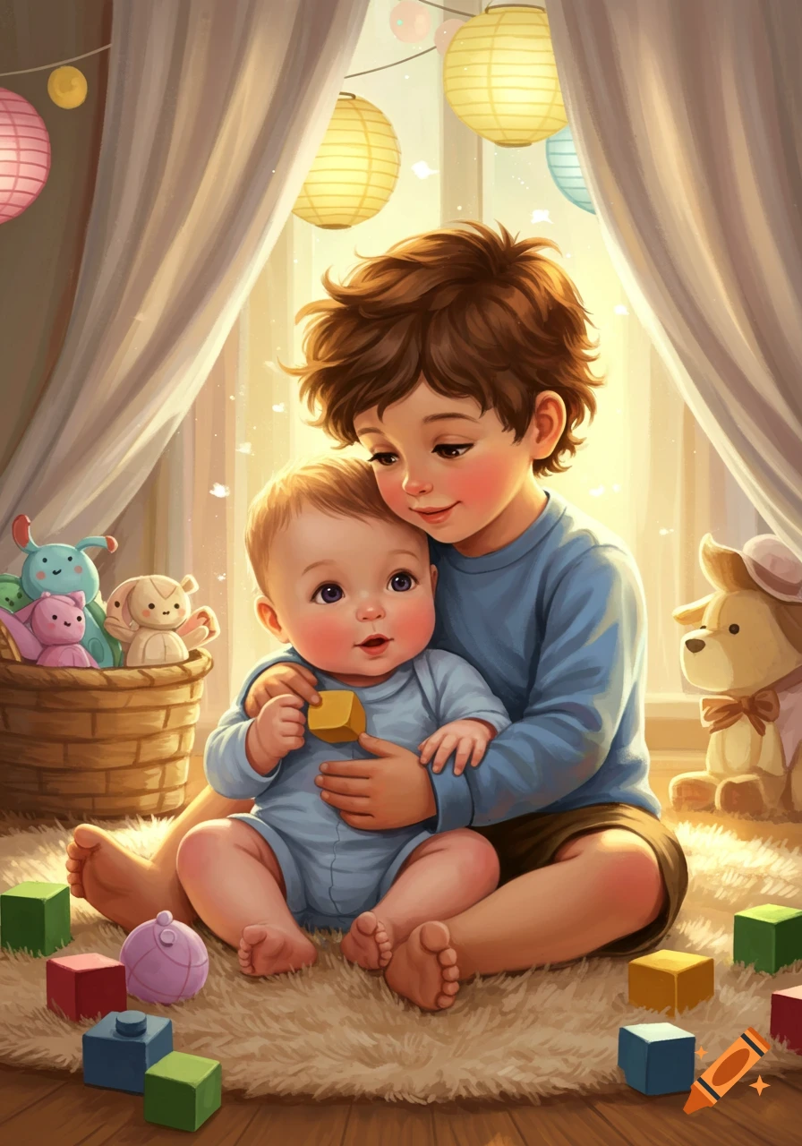 A young boy embraces a baby on a fluffy rug, surrounded by toys and glowing lanterns, in a cozy, illustrative style.