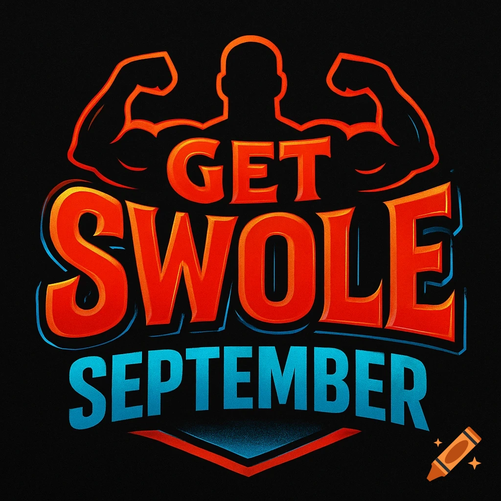 A fitness logo featuring a muscular silhouette and the bold text "GET SWOLE SEPTEMBER" in red and blue.