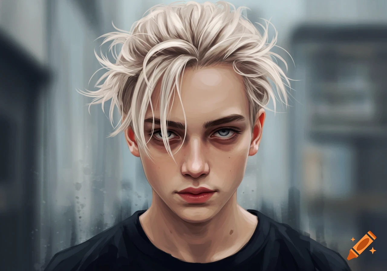 Digital painting of a teenage boy with messy platinum blonde hair and grey eyes, looking forward.