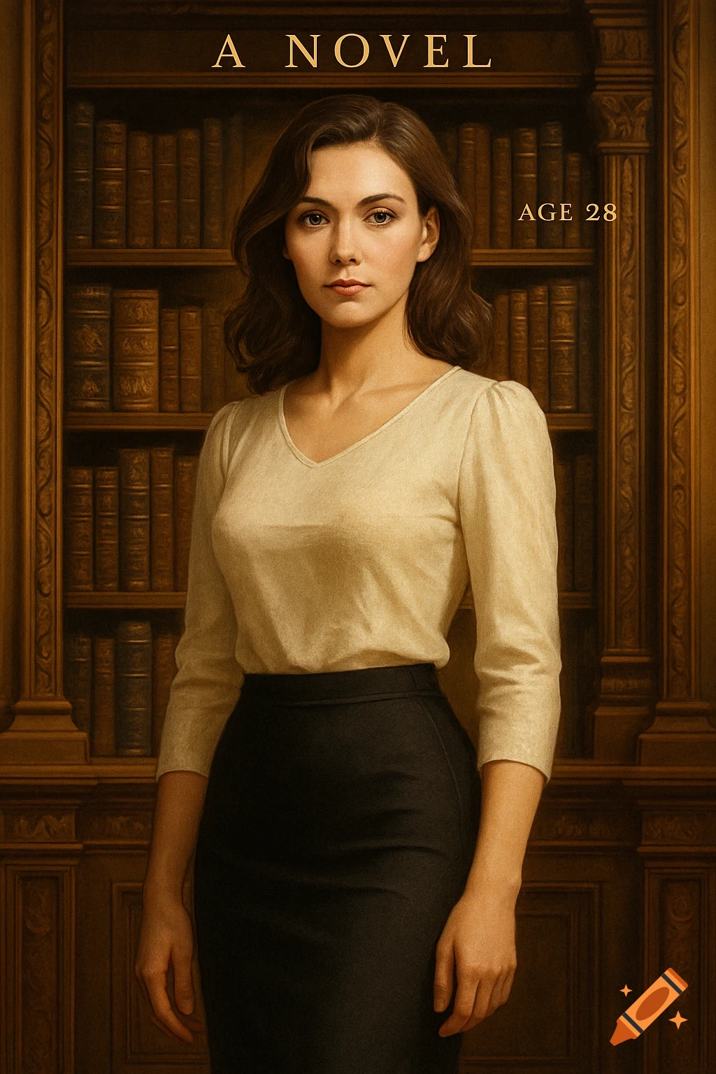 Illustration of a woman in a cream blouse and black skirt standing before a bookshelf, with 'A NOVEL' and 'AGE 28' visible.