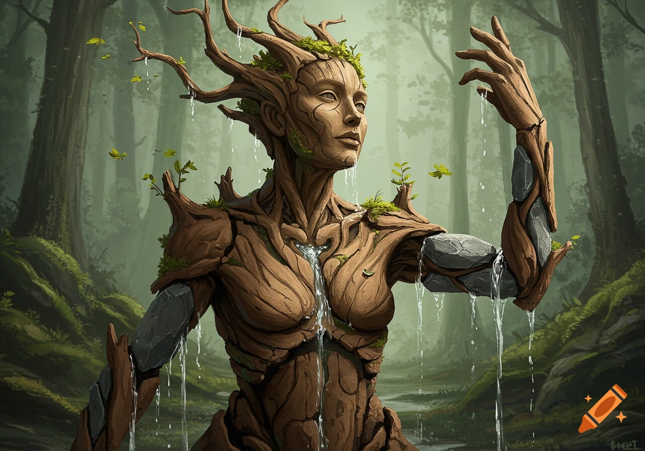 A humanoid figure composed of wood, bark, and rocks stands in a lush forest, water dripping from its body. It has branches forming its head and shoulders.