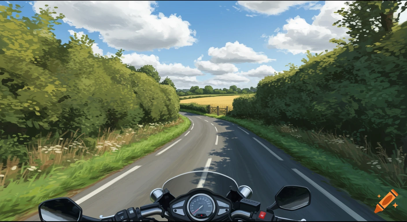 View from a motorcycle on a winding country road with green hedges, a yellow field, and a blue sky with clouds.