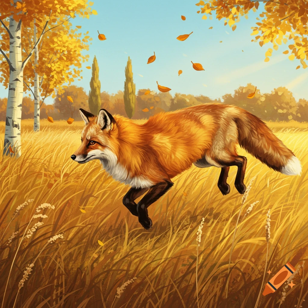 A red fox leaps through a golden autumn field with falling leaves and trees under a blue sky.