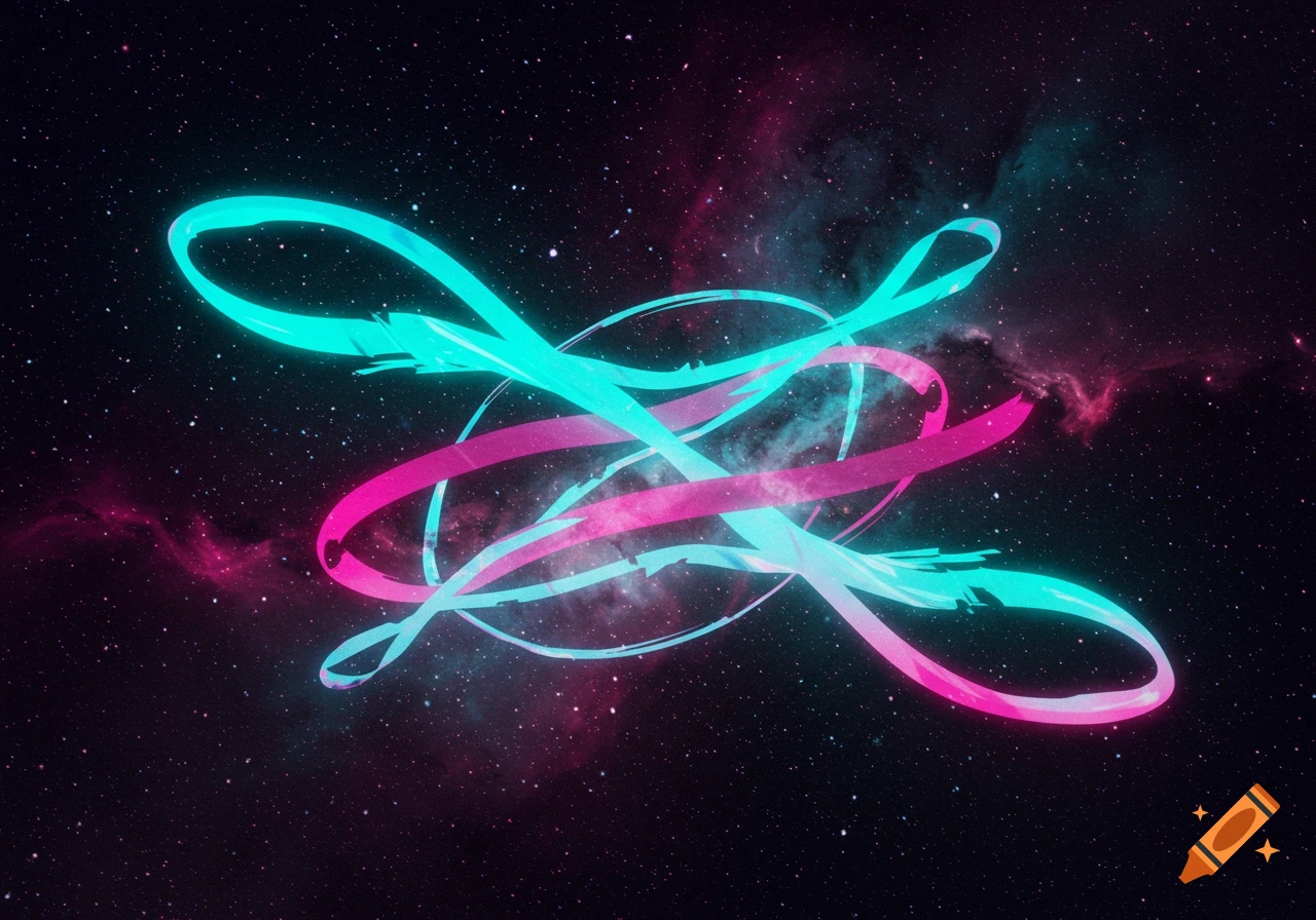 Intertwined glowing neon blue and pink ribbons form an abstract design in a cosmic starry background.