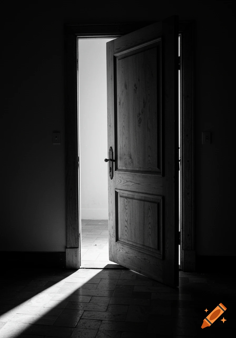 A black and white photograph of an open wooden door leading into a brightly lit room, casting a long shadow.
