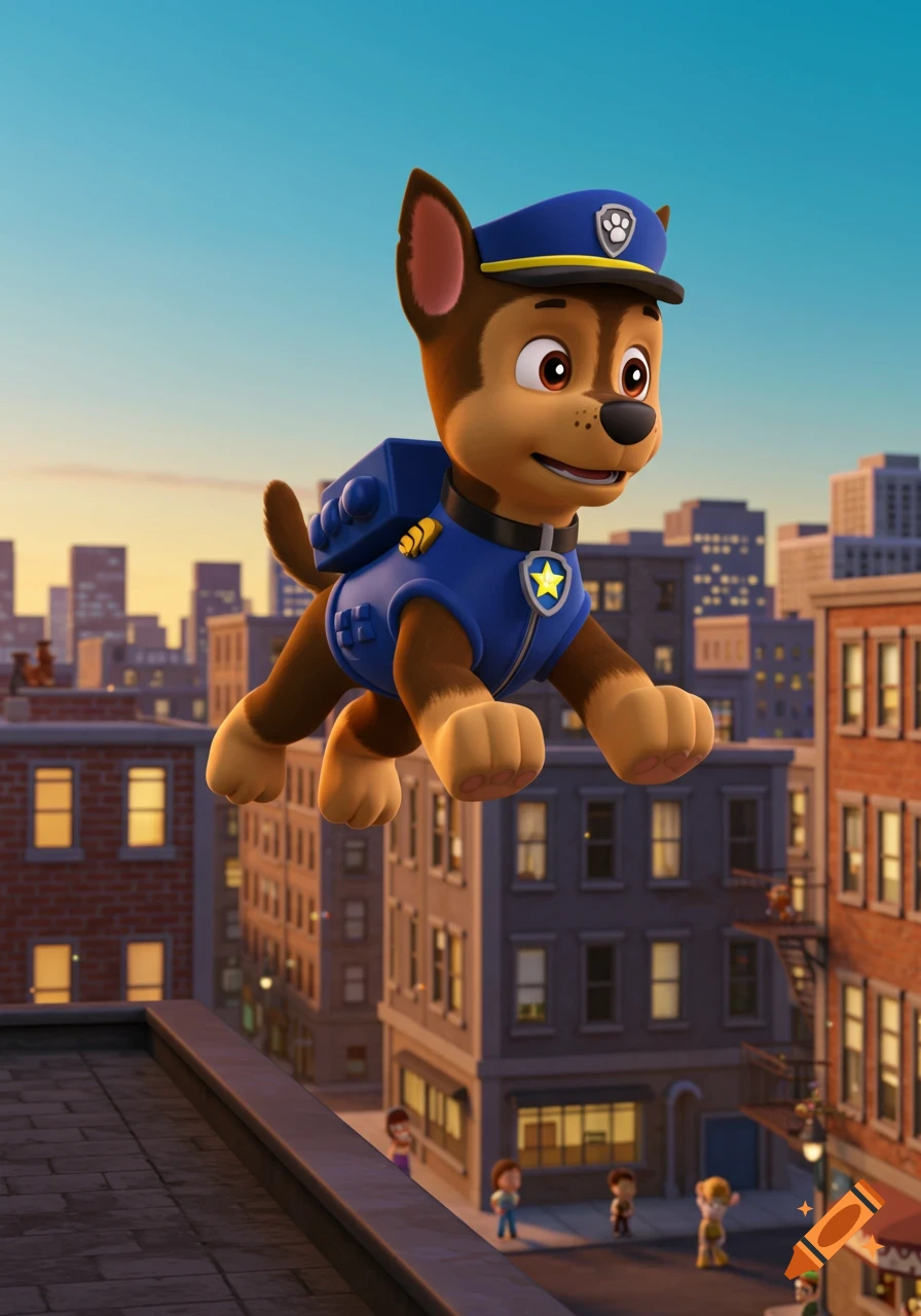 Cartoon character Chase from Paw Patrol, a German Shepherd dog, floats in the air above a city with buildings and rooftops.