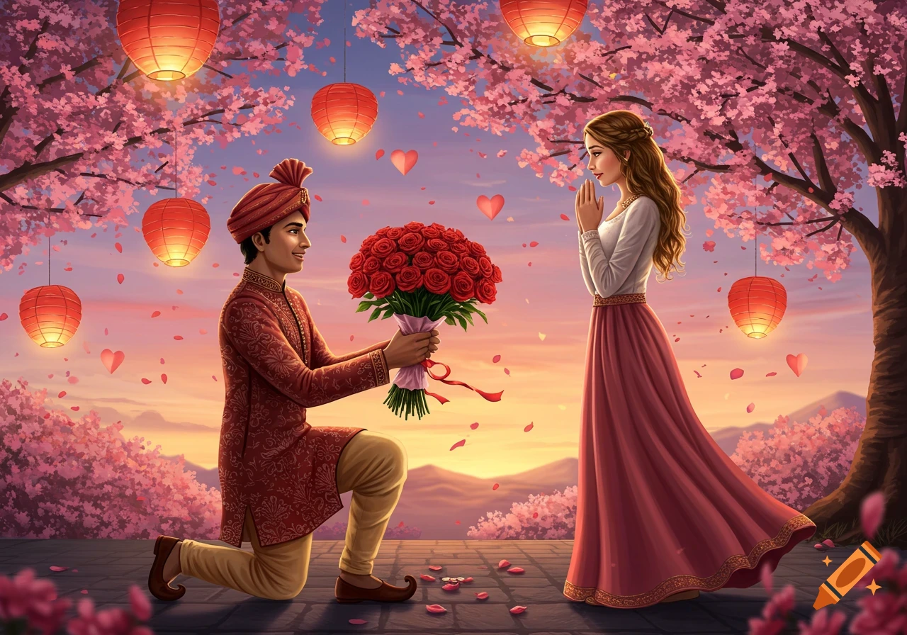 An Indian man on one knee proposes to a woman with a bouquet of roses under cherry blossom trees with lanterns at sunset.