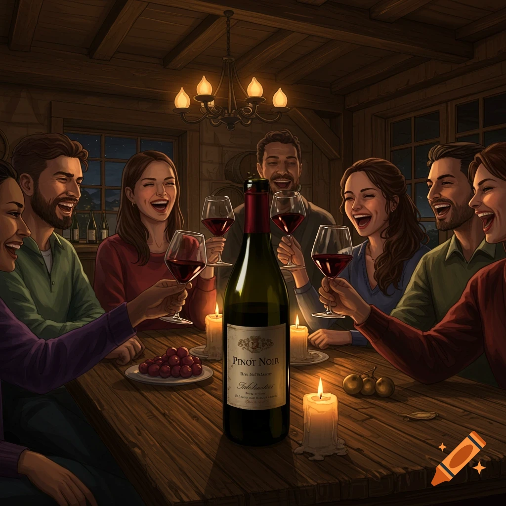 A group of cheerful friends gathered around a wooden table, laughing and toasting with glasses of red wine in a cozy, candlelit room.