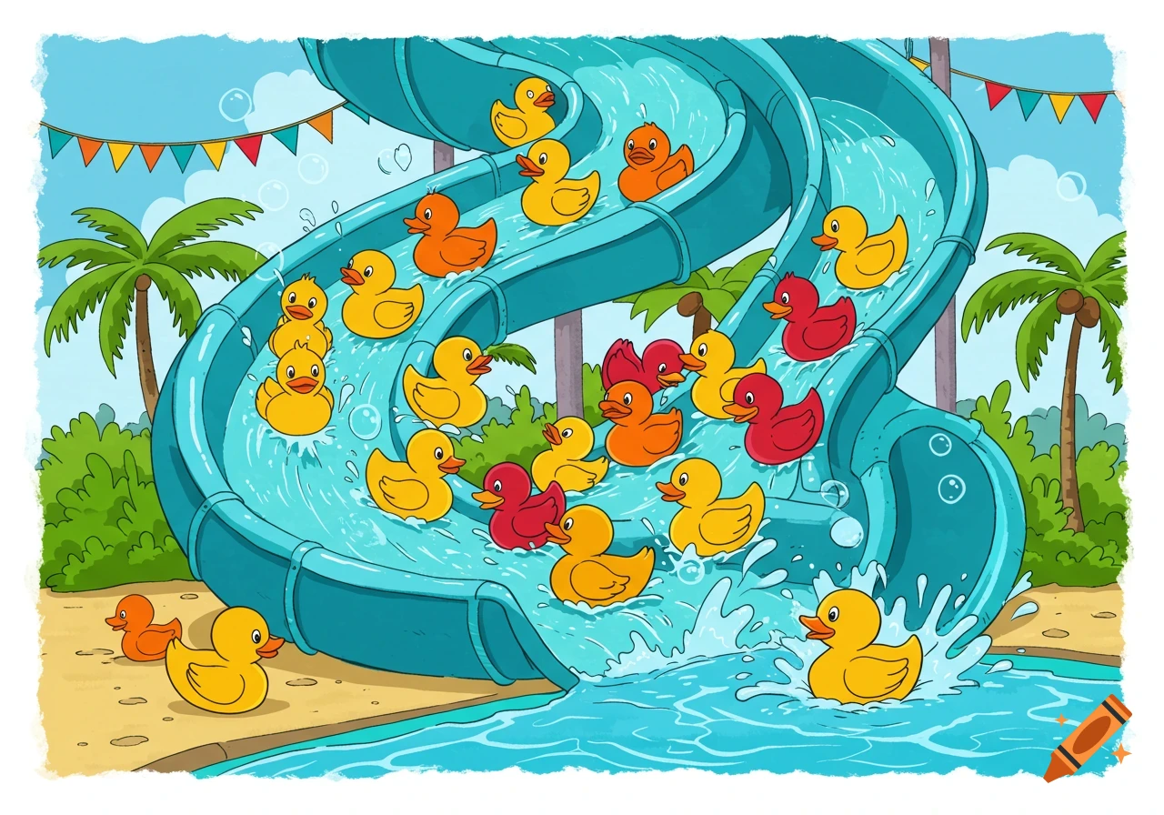 Cartoon illustration of colorful rubber ducks sliding down a blue water slide into a pool, with palm trees and a sunny sky.