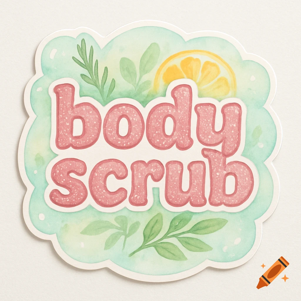 Watercolor sticker for 'body scrub' with pink glitter text, green leaves, and an orange slice on a light background.