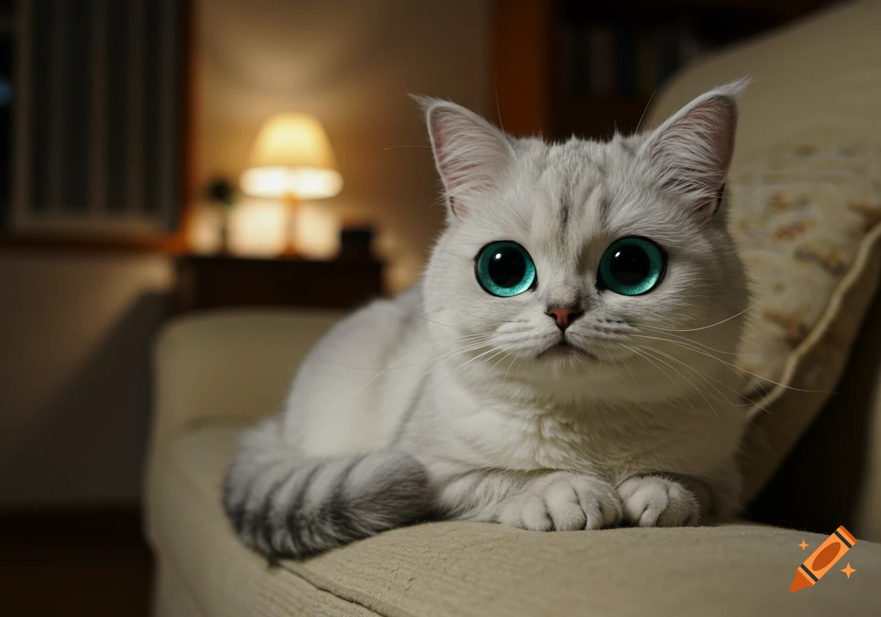 A white cat with huge, bright turquoise anime eyes sits on a beige couch in a dimly lit room.
