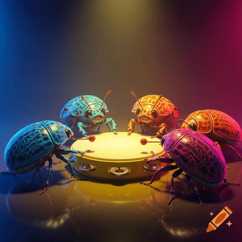 Four colorful, stylized beetle creatures gathered around a yellow tambourine, lit by colorful lights.