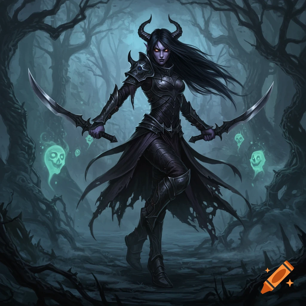 A dark fantasy warrior with horns and black hair dual-wielding scimitars in a gloomy, twisted forest with glowing green spirits.