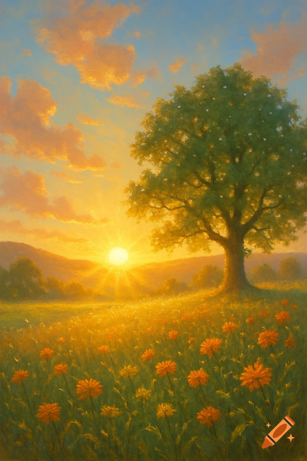 A vibrant painting depicts a golden sunset over a field of orange flowers with a large tree under a blue sky.