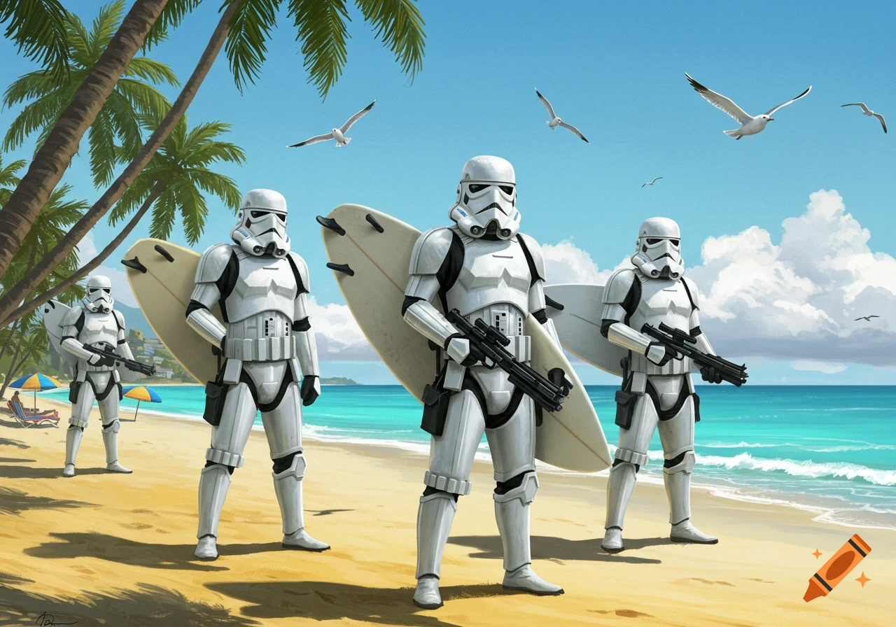 Stormtroopers in full armor stand on a sunny beach holding blasters and surfboards, with palm trees and seagulls in the background.