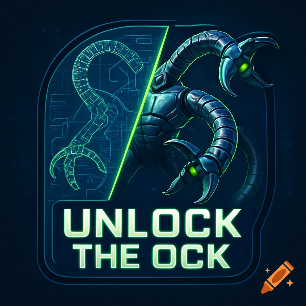 A logo featuring a futuristic robotic arm, half blueprint, half rendered metal, with glowing green accents. Below, glowing green text reads 'UNLOCK THE OCK'.