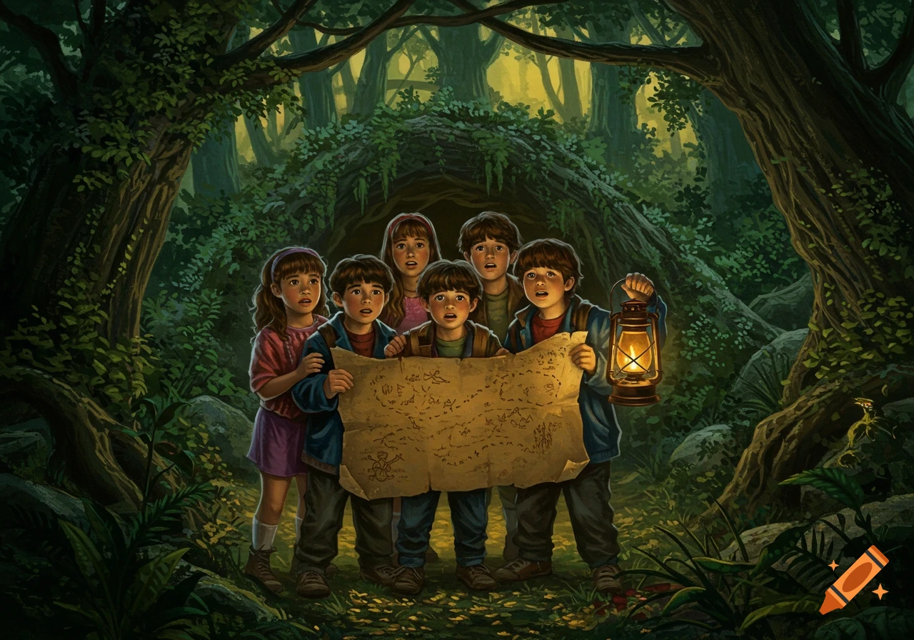An illustration of six children in a dark forest, looking with wide eyes at an old treasure map held by two of them. One boy holds a glowing lantern.