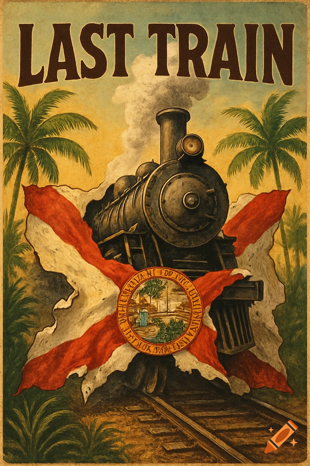 A vintage poster with a steam train bursting through a Florida state flag. Palm trees and a tropical sky are in the background, and "LAST TRAIN" is at the top.