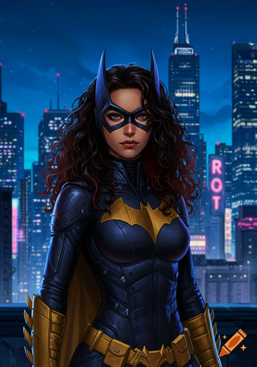 Unmasked Batgirl with dark curly hair and tan skin stands against a nighttime city skyline in a DC comic art style.
