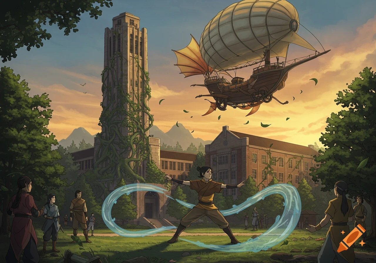 An animated scene of a person waterbending in a grassy field in front of a tall, vine-covered tower and university buildings, with a steampunk airship flying overhead at sunset.
