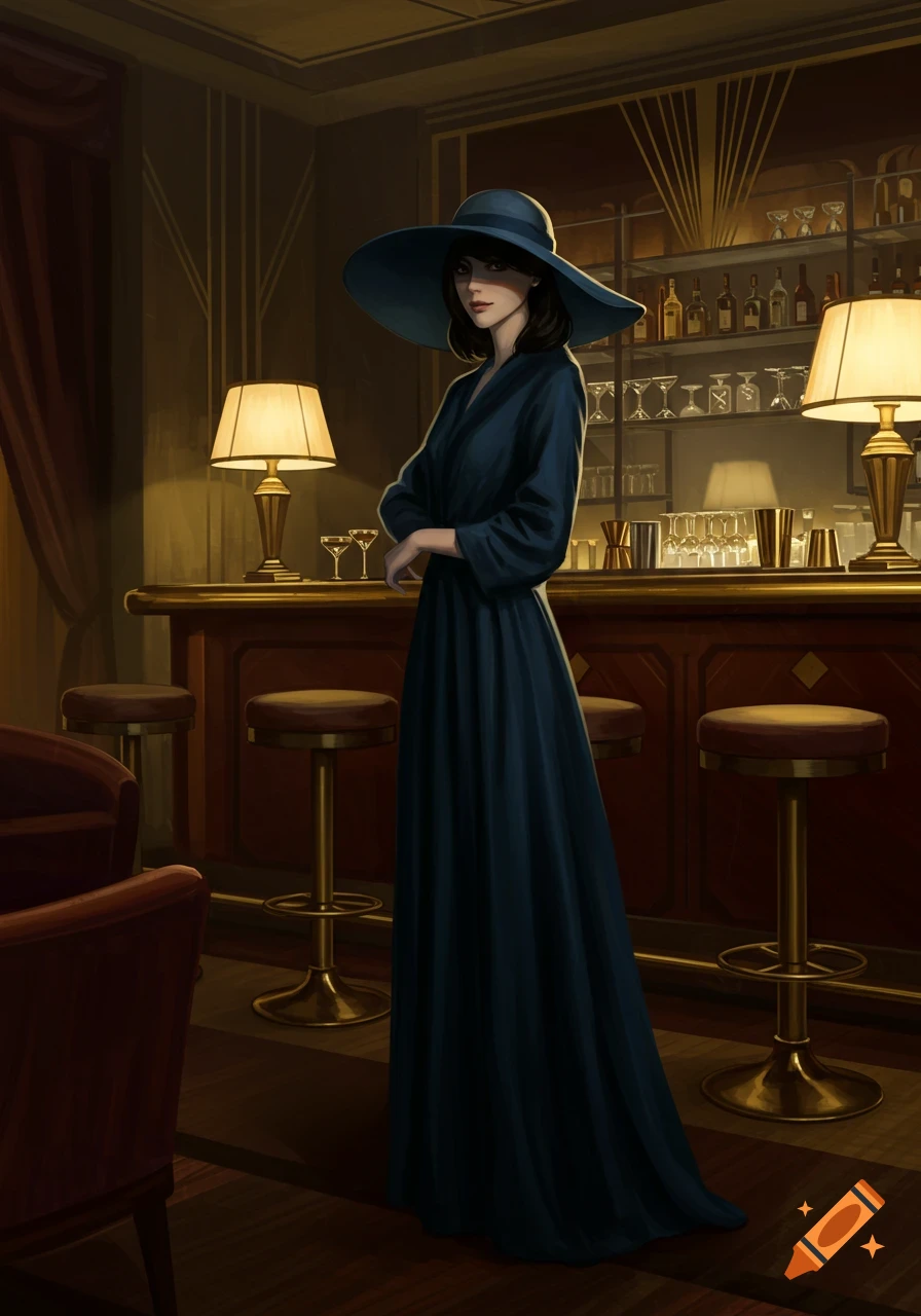 A classy young lady wearing a large blue hat and long blue dress stands in an old-fashioned bar with warm lighting.