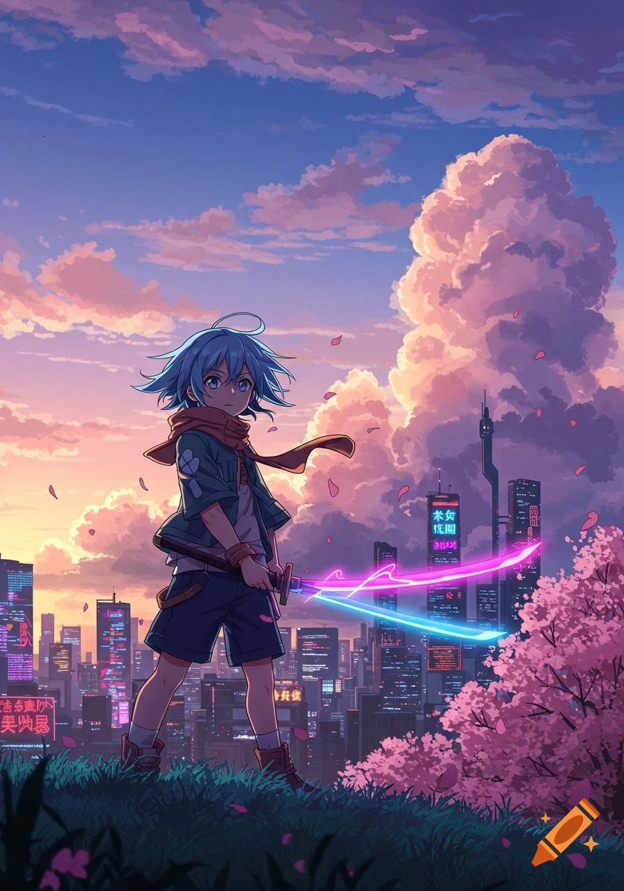 Anime character with glowing sword on a grassy hill overlooking a neon city at sunset with cherry blossoms.