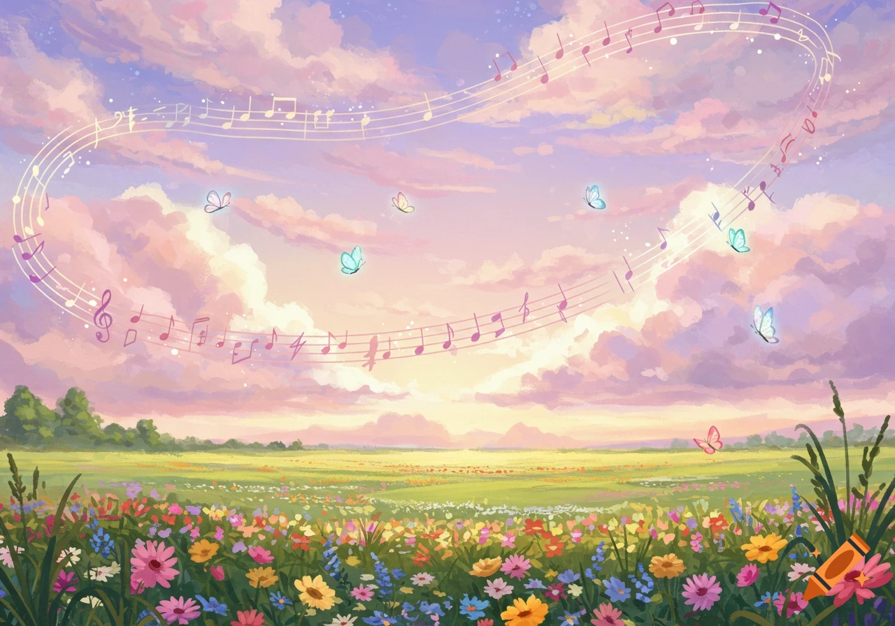Vibrant meadow with wildflowers under a pastel sunset sky with clouds, butterflies, and floating musical notes.