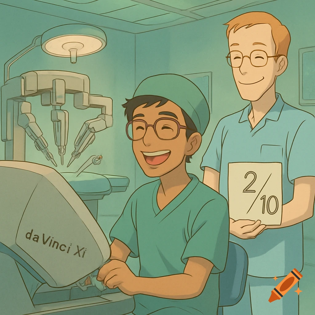 A cartoon of an excited doctor at a da Vinci Xi robot console, with another doctor behind holding a '2/10' sign in an operating theatre.