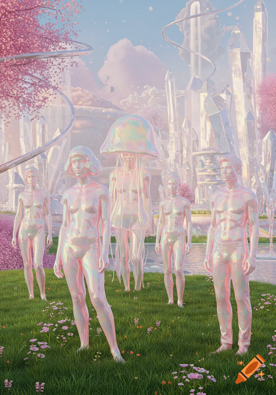 Five iridescent, translucent humanoid figures, one with a jellyfish head, in a surreal landscape with towering crystals and pink trees.
