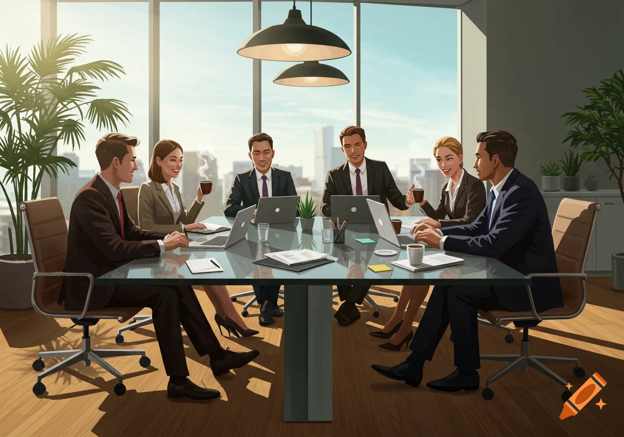 Six business people in suits sit around a large glass conference table with laptops and coffee in a modern office overlooking a city.