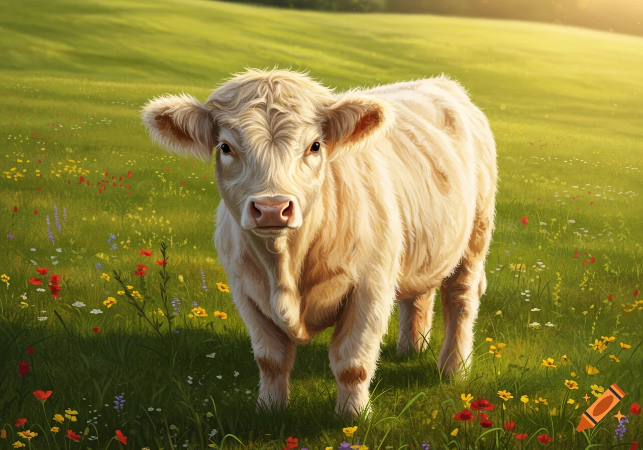 A fluffy white cow stands in a sunlit green field filled with colorful wildflowers.
