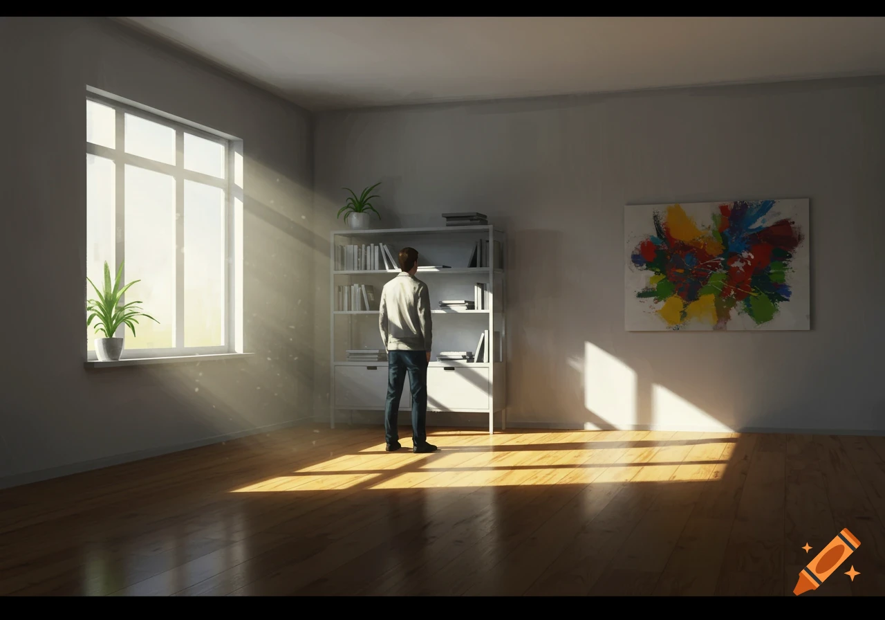 A man stands in a sunlit room with a bookshelf and an abstract painting, viewed from behind.