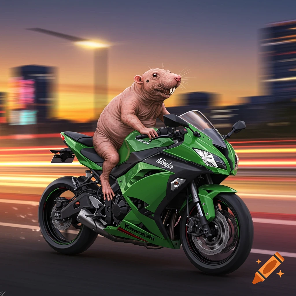 A naked molerat rides a green Kawasaki Ninja motorcycle at speed down a city street at dusk.