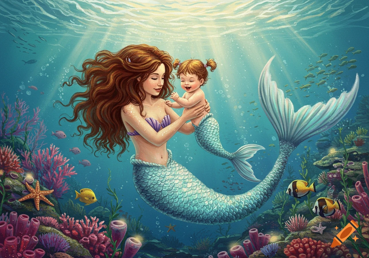 A mermaid mother with long brown hair holds her baby mermaid with pigtails underwater, surrounded by colorful coral and fish.