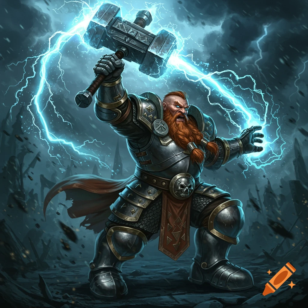 A heavily armored dwarf warrior with a red beard raises a war hammer emitting blue lightning, with stormy skies in the background.