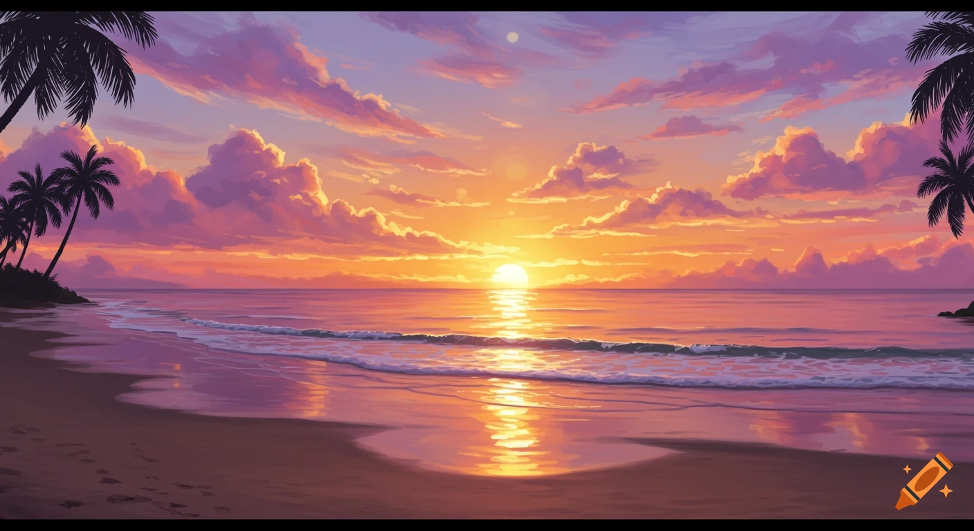 A vibrant sunset over a tropical beach with palm trees and ocean waves, in a digital painting style.