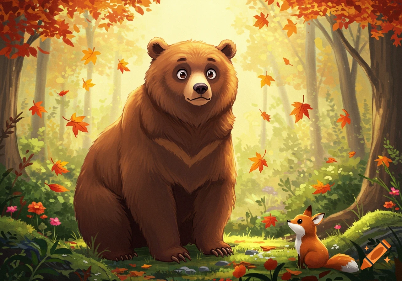 A friendly cartoon bear and a small fox sit among colorful autumn leaves in a forest, in an illustrated style.