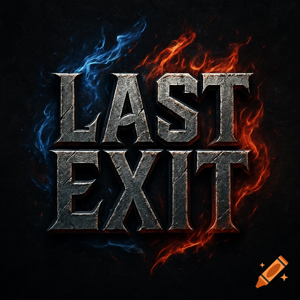 A metallic logo reads "LAST EXIT" with blue smoky energy on the left and red fiery energy on the right, on a dark background.