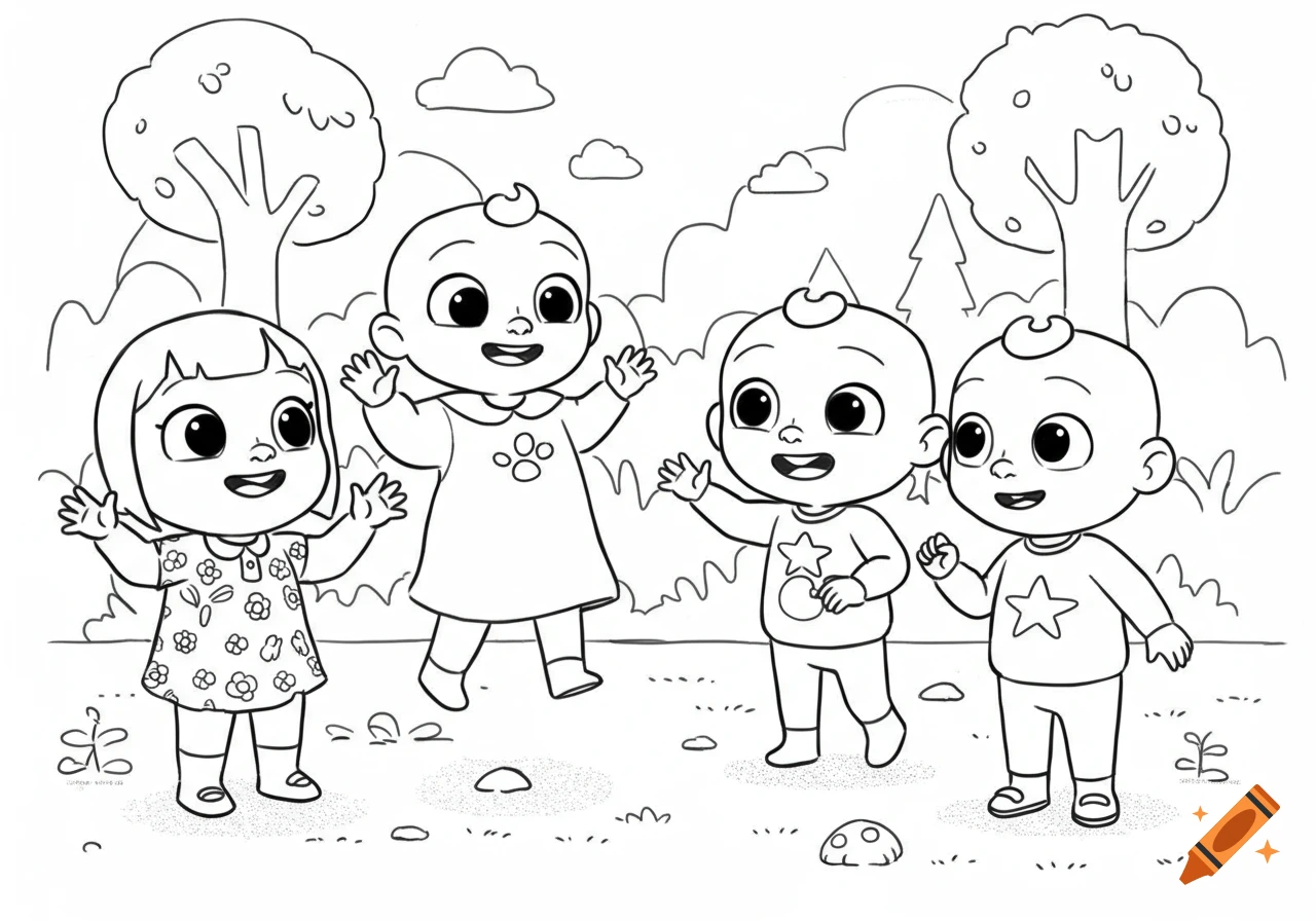 Black and white outline drawing of four smiling Cocomelon-inspired cartoon babies in a park.