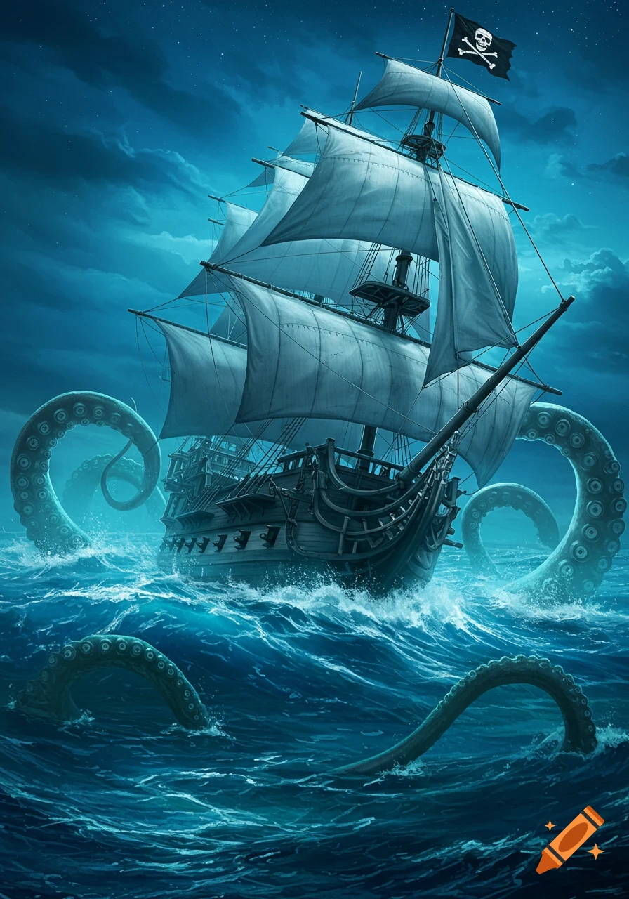 A dark pirate ship with white sails and a Jolly Roger flag battles a giant kraken in stormy, moonlit seas. Multiple tentacles emerge from the waves around the vessel.