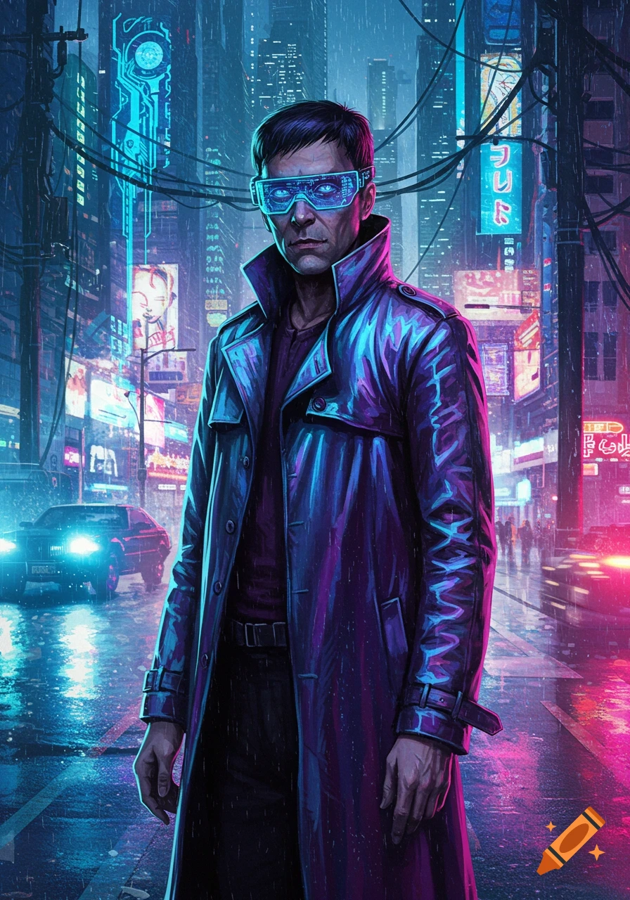 A man in a trench coat and futuristic glasses stands in a rainy, neon-lit cyberpunk city street.