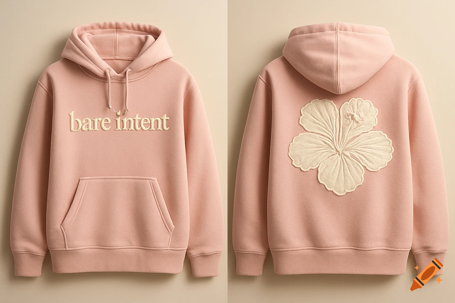 A pink hoodie displayed from front and back. The front has 'bare intent' embroidered in cream, and the back has a large cream embroidered hibiscus flower.