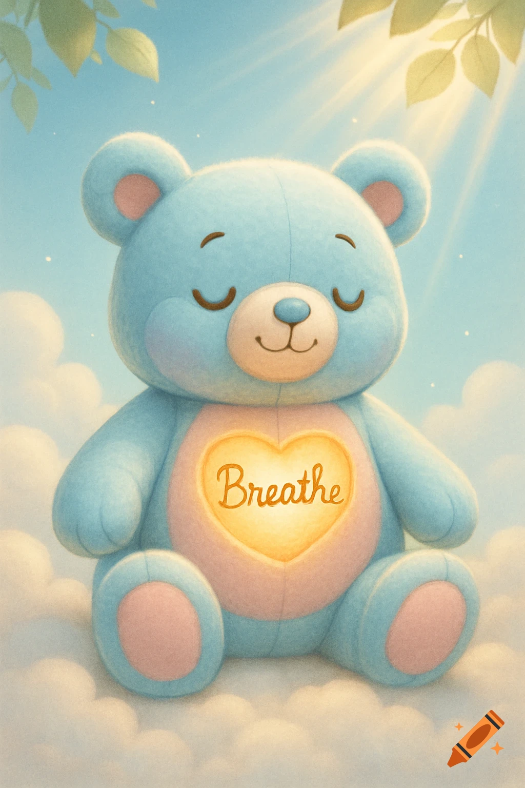 A light blue plush teddy bear with a glowing heart on its chest saying 'Breathe', sitting on clouds under sunlight.