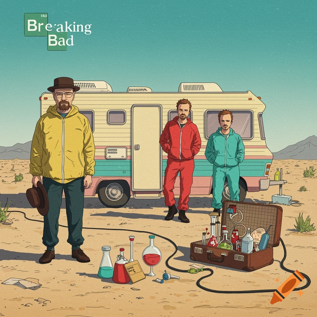 Illustration in Wes Anderson style showing Walter White and Jesse Pinkman standing in a desert in front of an RV, with chemistry equipment in a briefcase on the ground.