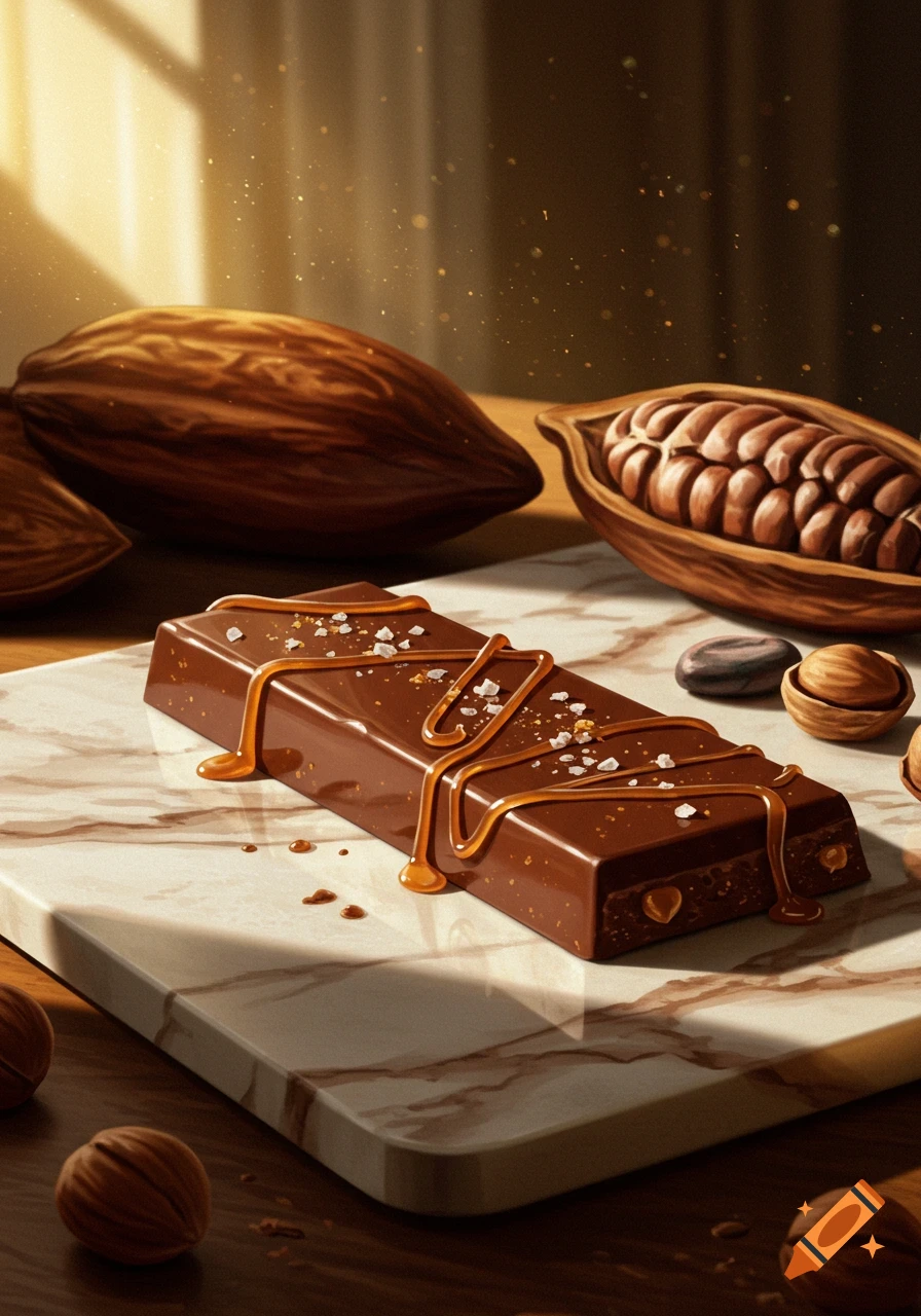 Photorealistic close-up of a chocolate bar with caramel drizzle and sea salt on a marble board, with cocoa pods and nuts.